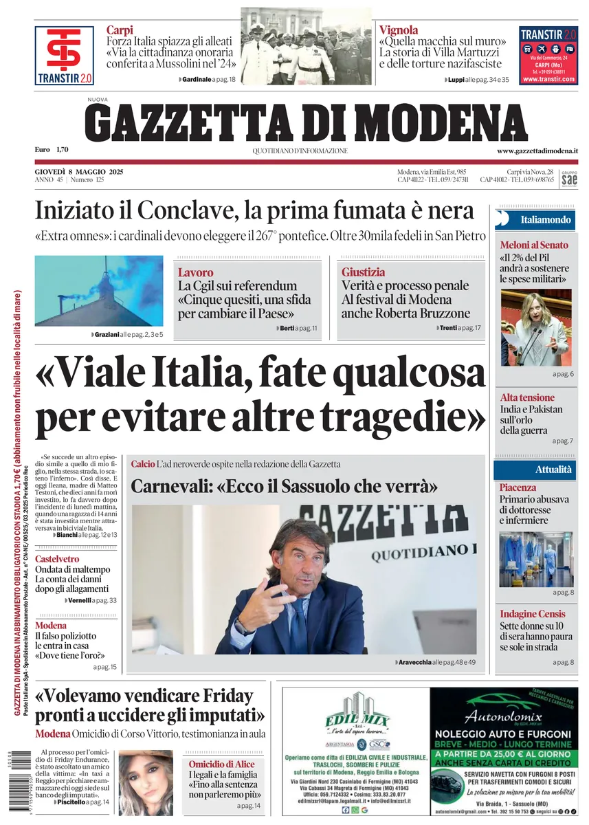 Prima-pagina-gazzetta di modena-oggi-edizione-del-2025-05-08